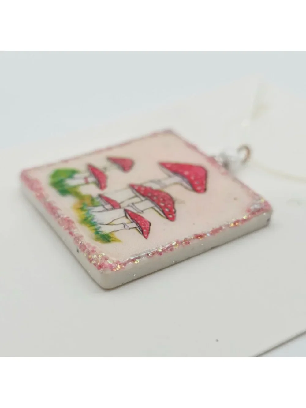 Handmade Mushroom Art Pendant Necklace Glitter Accents & White Bead Detail 1" - Picture 4 of 6